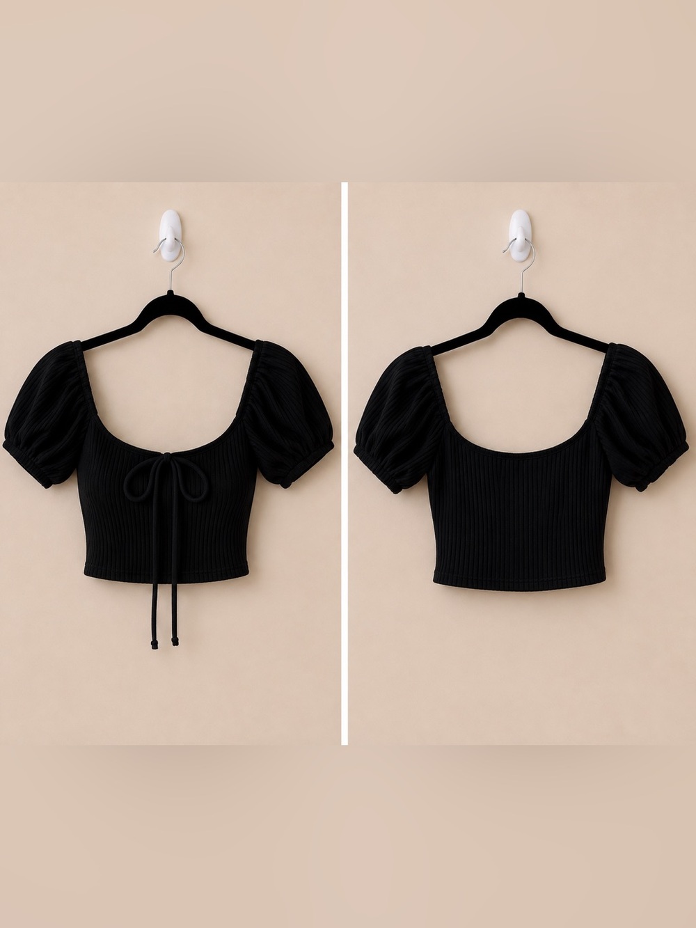 Zara Black Ribbed Puff Sleeve Crop Top Tie Front Square Neck Blouse